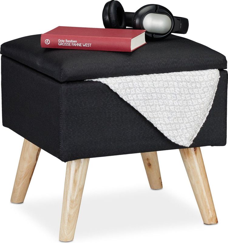 Hocker mit Stauraum, Kunstleinen-Bezug, gepolstert, Holzbeine, Fußhocker mit Deckel, hbt: 40x40x40 cm, schwarz - Relaxdays