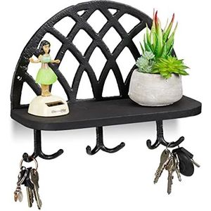 Relaxdays sleutelrekje - met plankje en haken - gietijzer - hout - 23x27x12 cm - zwart