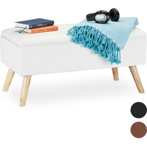 Relaxdays Zitbank met Opbergruimte - Gestoffeerd en Houten Poten - Wit - 39,5 x 79,5 x 39 cm