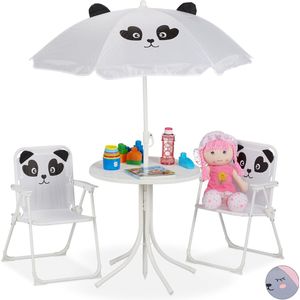 Relaxdays tuinset kinderen, kinderzitgroep met parasol, panda design, tafel & kinderstoelen, camping & tuin, wit
