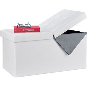 Sitzbank, mit Stauraum, faltbar, Leder-Optik, klappbarer Deckel, Flur, Schlafzimmer, Polster Truhenbank, weiß - Relaxdays