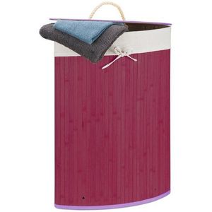 Relaxdays wasmand hoekmodel bamboe - 60 liter - deksel - wasbox - driehoekig - violet
