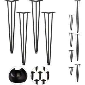Relaxdays hairpin poten, 4 stuks, 3 stutten, metaal, haarspeld tafelpoten voor kruk, tafel & kast, 60 cm, zwart