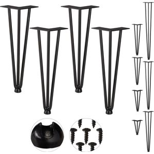 Relaxdays hairpin poten - set van 4 - meubelpoten - tafelpoten metaal zwart - vintage - 36 cm - 3 stangen
