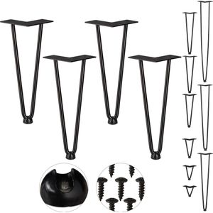 Relaxdays hairpin poten - tafelpoten metaal zwart - meubelpoot - set van 4 - haarspeld - 30 cm - 2 stangen