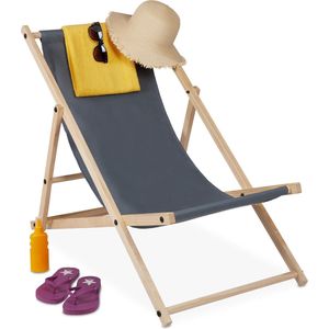 Relaxdays strandstoel hout, 3 standen, ligstoel met stof, inklapbaar & verstelbaar, tuin, strand & balkon, donkergrijs