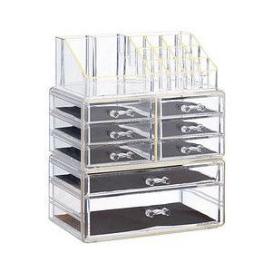Relaxdays make-up organizer - opbergen van cosmetica - acryl - stapelbaar - met lades - transparant-goud
