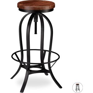 Relaxdays barkruk industrieel, draaibare kruk, vintage stoel, ijzer & hout, hoogte verstelbaar tot 76.5 cm, zwart/bruin