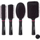 Relaxdays haarborstel - set van 4 borstels - paddle brush - föhnborstel - ronde borstel - roze