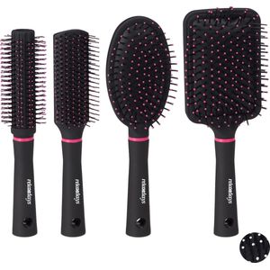 Relaxdays - Haarborstel Set - Zwart/Roze - Kunststof - 4-delige Set