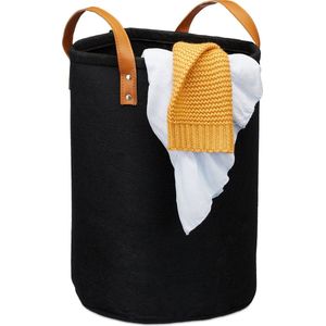 Relaxdays wasmand vilt - 28 l - opvouwbaar - met kunstleren hengsels - zwart
