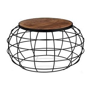 Relaxdays Tafel, mangohout en ijzer, rond, laag, woonkamer, industriële stijl, h x d 36 x 67, natuur, 36 x 67 x 67 cm