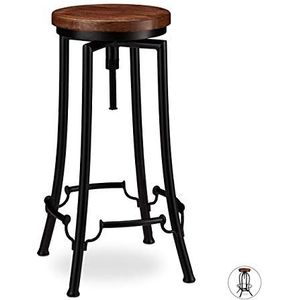 Relaxdays barkruk industrieel, draaibare kruk, vintage stoel, ijzer & hout, hoogte verstelbaar tot 77.5 cm, zwart/bruin