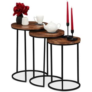 Relaxdays Uitschuiftafel, set van 3 stuks, rond, mangohout, industrieel design, metaal, zwart, 3 maten, kleuren, ijzer, 57,5 x 41 x 41 cm