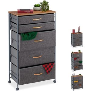 Relaxdays Ladekast met wieltjes, 5 stoffen laden, decoratieve stoffen kast, houtlook, 96,5 x 58 x 30 cm (h x b x d), grijs