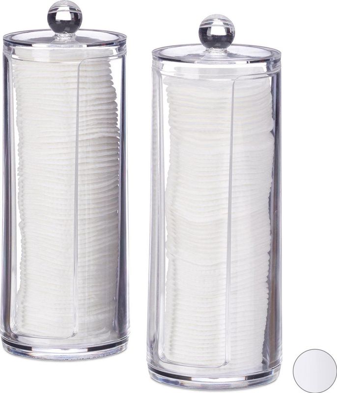 Wattepads Aufbewahrung 2er Set, Acryl, rund, Wattepadspender mit Deckel, Bad & Schminktisch, HxD: 20x7cm, klar - Relaxdays