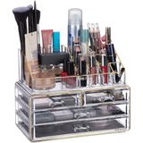 Relaxdays make up organizer - 4 lades - 20 vakken - cosmetica - nagellak - lippenstift houder - 2-delig - transparant-goud