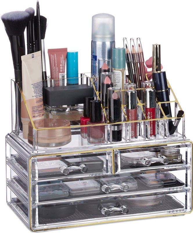 Relaxdays make up organizer - 4 lades - 20 vakken - cosmetica - nagellak - lippenstift houder - 2-delig - transparant-goud