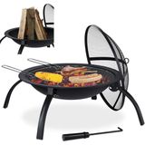 Relaxdays vuurschaal, barbecuerooster, pook, vonkendeksel, tuin, terras, vuurkorf D 56.5 cm, zwart