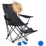 Relaxdays Campingstoel met voetsteun, opvouwbare vissersstoel met bekerhouder en armleuningen, draagtas, 120 kg, zwart