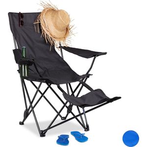 Relaxdays Campingstoel met voetsteun, opvouwbare vissersstoel met bekerhouder en armleuningen, draagtas, 120 kg, zwart