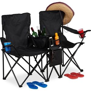 Relaxdays dubbele campingstoel, draagbare vouwstoel met bekerhouder, koeltas, opbergvakken, vouwbaar, zwart