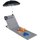 Relaxdays strandmat, gepolsterde strandstoel met parasol, verstelbaar, kussen & tas, draagbaar, grijs