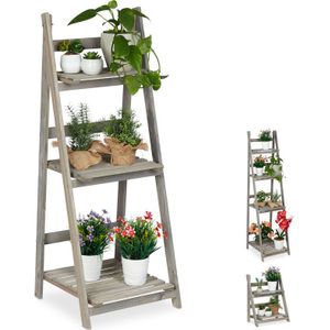 Relaxdays plantenrek, 3 etages, plantenladder hout, klapbaar, bloemenrek, HBD: 108 x 41 x 40 cm, grijs