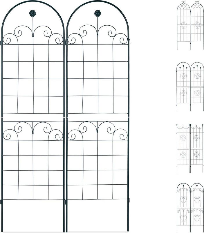 Rankgitter 2er Set, Metall, 180 x 50 cm, Vintage Rankhilfe Garten, Rundbogen & Blume, zum Stecken, dunkelgrün - Relaxdays