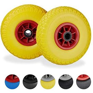 Sackkarrenrad 2er Set, pannensichere 3.00-4' Vollgummireifen, 25 mm Achse, bis 80 kg, 260x85 mm, gelb-rot - Relaxdays