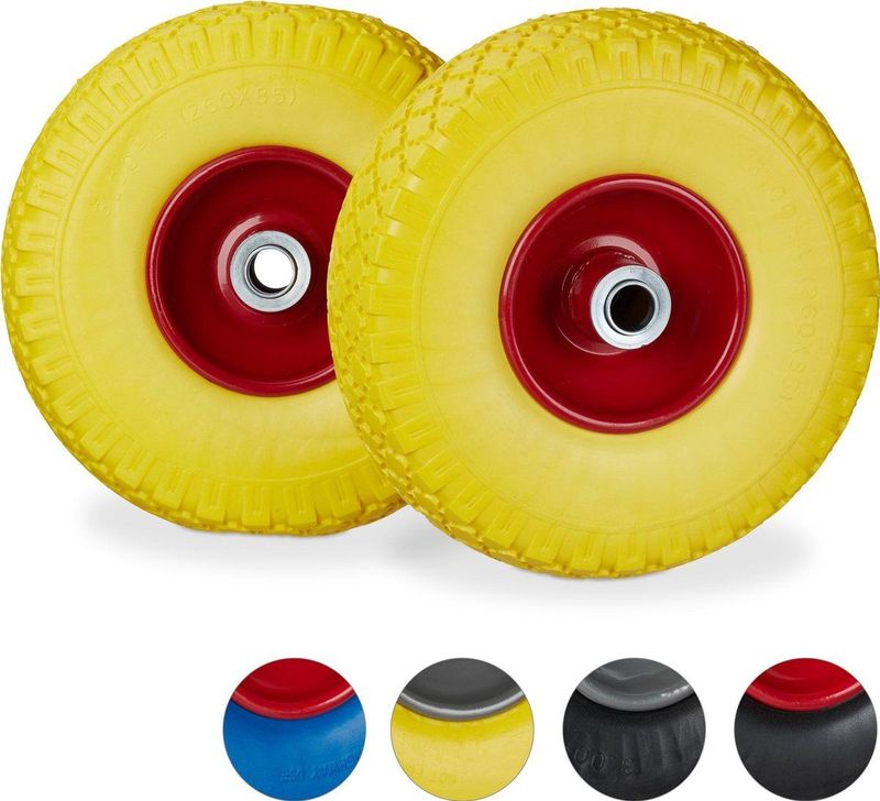 2x Sackkarrenrad, pannensichere Vollgummireifen, 3.00-4' Stahlfelge, 20 mm Achse, 100kg, 260 x 85 mm, gelb-rot - Relaxdays