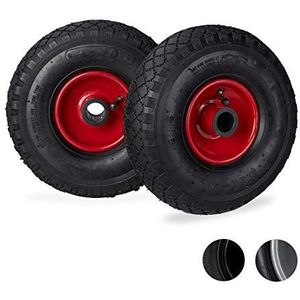 Relaxdays steekwagenwiel 3.00-4, set van 2, luchtband, stalen velg, as met diameter 25 mm, reservewiel, zwart-rood