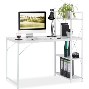 Relaxdays bureau met rek, 4 vakken, voor tienerkamer of home-office, HBD: 121x120x62 cm, modern design, in het wit