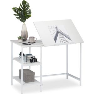 relaxdays bureau kantelbaar - tekentafel - computertafel - laptoptafel - 3 vakken Wit / wit