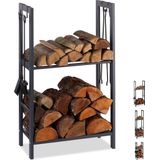 Relaxdays brandhout rek met 2 planken, staal, 4 haken voor haardbestek, HBD: 100x60x30, haardhout opslag, antraciet