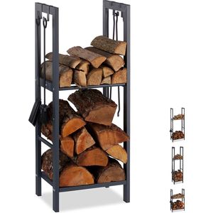 Relaxdays brandhout rek met 2 planken, staal, 4 haken voor haardbestek, HBD: 100x40x30 cm, haardhout opslag, antraciet