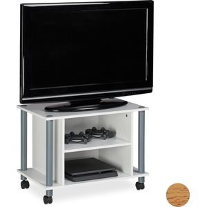 Relaxdays TV meubel met 2 vakken, verrijdbaar, cd's, dvd's & toestellen, voor de woonkamer, HBD: 45x60x40 cm, wit-zilver