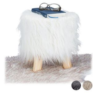 Relaxdays Pluizige bontkruk, 4 houten poten, gevoerde voetsteun, kunstbont, rond, decoratieve kruk, H x D: 31 x 31 cm, wit, maat