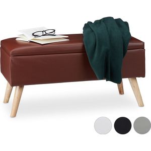 Relaxdays Zitbank met opbergruimte, 40 L, gestoffeerd, houten poten, kistbank kunstleer, HxBxD: 40 x 80 x 39,5 cm, bruin