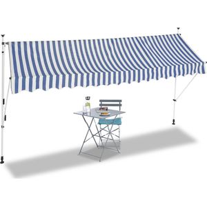 Relaxdays markies - klem-zonwering - zonnescherm balkon hoogte - verstelbaar - blauw-wit - 400 x 120 cm