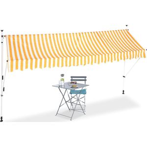 Relaxdays markies verstelbaar - klem-zonwering - zonnescherm balkon zonder boren geel-wit - 400 x 120 cm