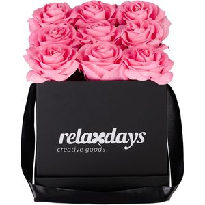 Relaxdays Rozenbox vierkant, 9 rozen, stabiele bloemenbox zwart, lang houdbaar, cadeau-idee, decoratieve bloemendoos, roze