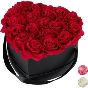 Relaxdays Rozenbox in hartvorm, 18 rozen, robuust, zwart, duurzaam, 10 jaar, cadeau-idee, decoratieve bloemdoos, rood, 13 x 21 x 19 cm