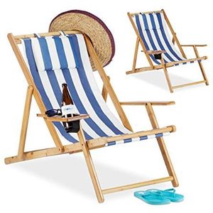 Relaxdays Ligstoel in set van 2, strandstoel met bekerhouder Ø 10 cm, bamboe, voor balkon en tuin, inklapbaar, blauw