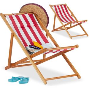 Relaxdays strandstoel set van 2, ligstoel van bamboe, stoffen overtrek met kussen, ruimtebesparend opvouwbaar, rood