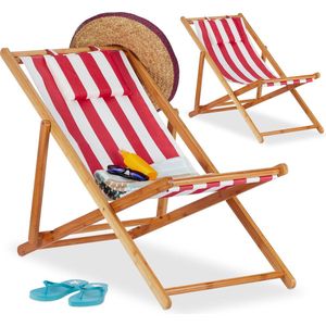 Relaxdays Strandstoel set van 2 - ligstoel - kampeerstoel - tuinstoel - gestreept - bamboe - rood-strip