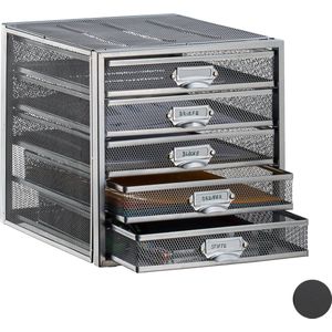 Relaxdays - Schubladenbox, 5 Schubfächer, für Din A4 Dokumente, Ordnungssystem für Schreibtisch, Aktenablage, silber