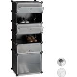 Schuhregal Kunststoff, Regalsystem 6 Fächer, Steckregal mit Türen, 12 Paar, diy, hbt 52 x 37 x 9cm, schwarz - Relaxdays
