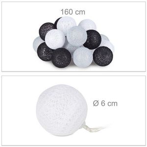 Relaxdays led lichtsnoer met 20 ballen - katoen - op batterijen - sfeerverlichting - Ø 6 cm - wit-grijs-zwart
