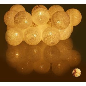 Relaxdays led lichtsnoer met 20 ballen - katoen - op batterijen - sfeerverlichting - Ø 6 cm - wit
